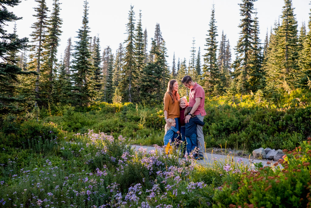 Family at Paradise Mount Rainier with coordinating outfits