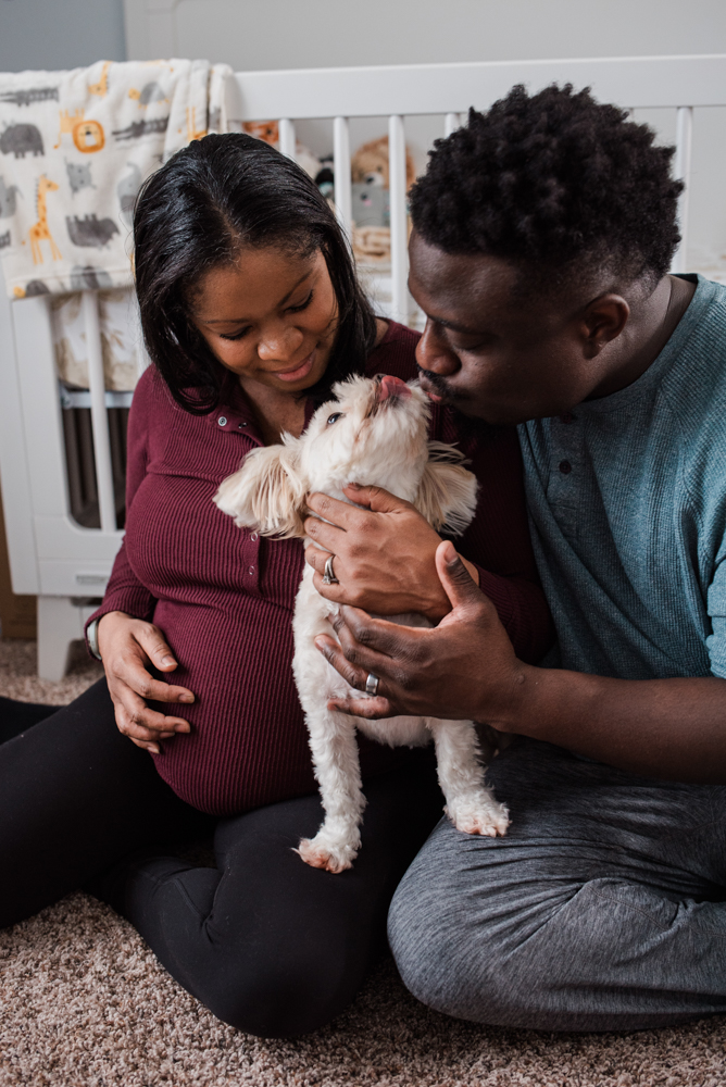 family pet joining photos during in-home lifestyle maternity session